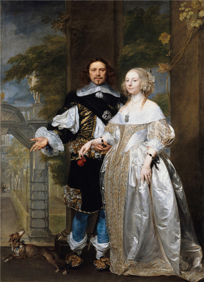 冈萨雷斯·科克斯（Gonzales Coques，佛兰芒画家）高清作品-《公园里一对已婚夫妇的肖像（1662 年）》