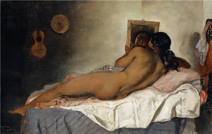 弗兰克·布赫瑟（Frank Buchser，瑞士画家）高清作品-《带镜子的裸体西班牙吉普赛女人（1858 年）》