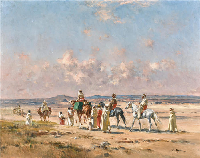 维克多·休格（Victor Huguet，法国画家）作品-《穿越沙漠的大篷车》