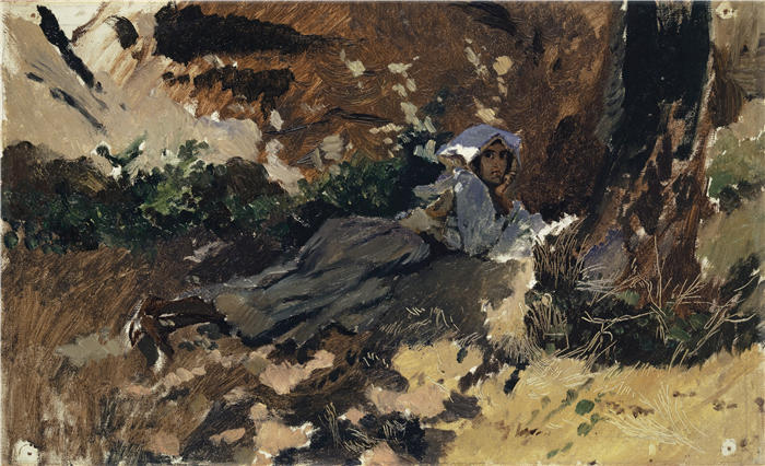 弗兰克·布赫瑟（Frank Buchser，瑞士画家）高清作品-《躺在树林里的年轻女子》