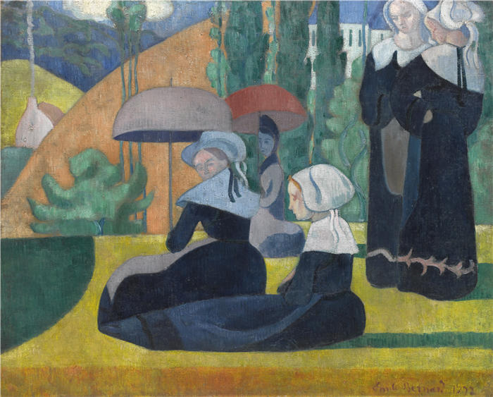 埃米尔·伯纳德（Emile Bernard ，法国画家）作品-《带雨伞的布列塔尼妇女（1892 年）》