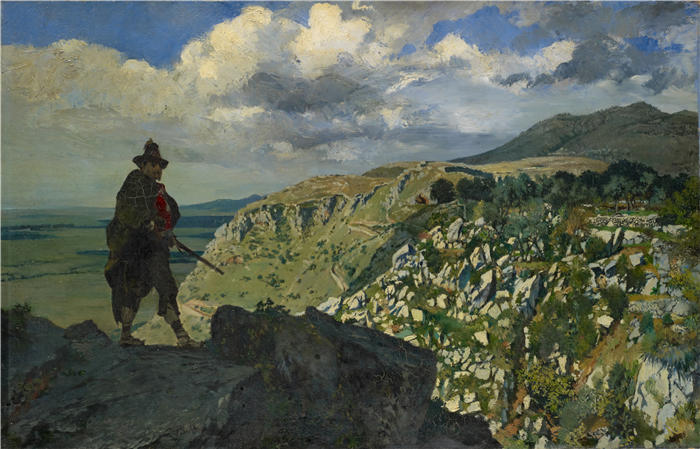 弗兰克·布赫瑟（Frank Buchser，瑞士画家）高清作品-《山中的强盗站岗（1879）》
