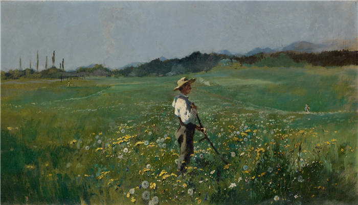 弗兰克·布赫瑟（Frank Buchser，瑞士画家）高清作品-《繁花草地上的收割者（1886-87 年）》