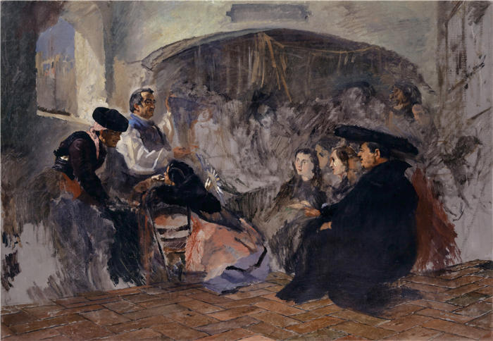 弗兰克·布赫瑟（Frank Buchser，瑞士画家）高清作品-《塞维利亚绘画拍卖会（1860 年）》