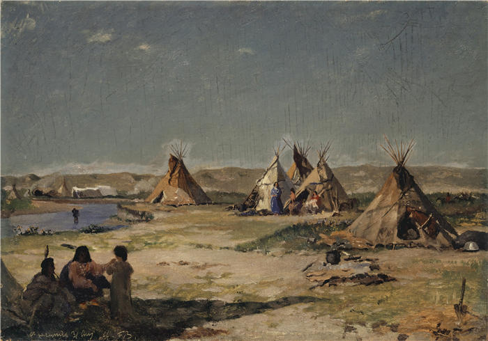弗兰克·布赫瑟（Frank Buchser，瑞士画家）高清作品-《拉勒米印第安人帐篷营地（1866 年）》