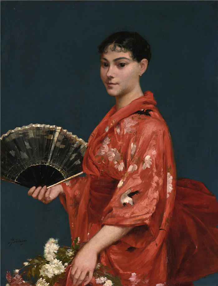 弗兰克·布赫瑟（Frank Buchser，瑞士画家）高清作品-《穿红色和服的年轻女子 (1870–1889)》