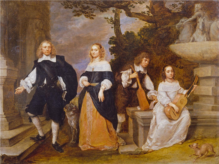 冈萨雷斯·科克斯（Gonzales Coques，佛兰芒画家）高清作品-《喷泉旁的家庭团体（c.1655 - c.1660）》