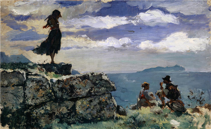 弗兰克·布赫瑟（Frank Buchser，瑞士画家）高清作品-《诺尔巴古董城墙上方石上的女孩（1878 年）》