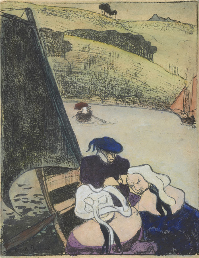 埃米尔·伯纳德（Emile Bernard ，法国画家）作品-《渡轮上的布列塔尼人（1889 年）》
