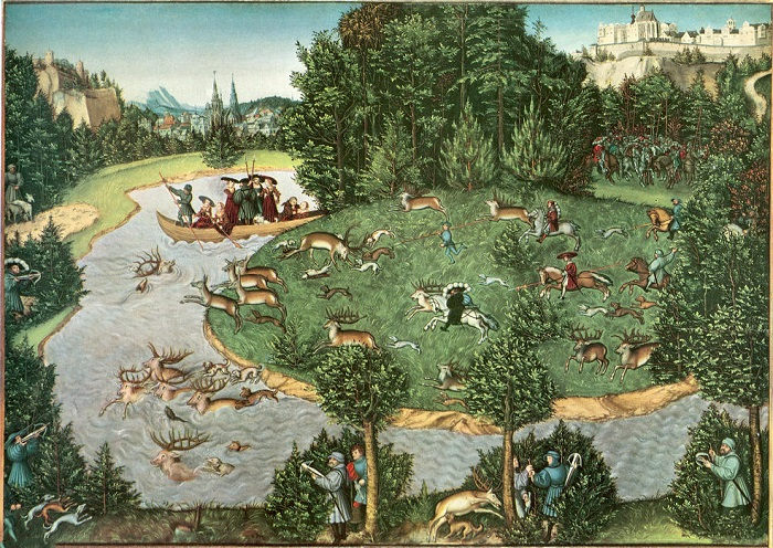 前1000幅世界名画-“智者弗里德里希三世的雄鹿狩猎” Lucas Cranach The Elder - 油画 - 80 x 114 cm