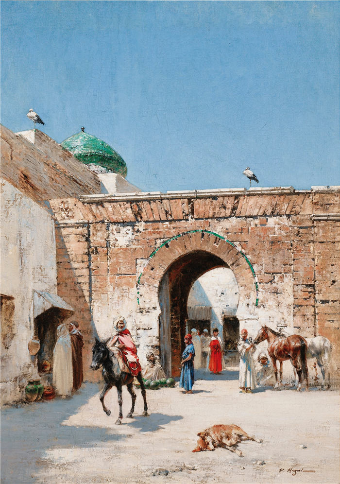 维克多·休格（Victor Huguet，法国画家）作品-《北非小镇门口的骑士》