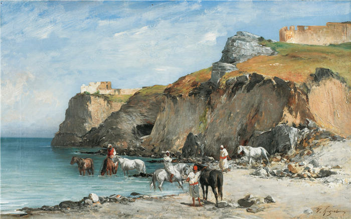 维克多·休格（Victor Huguet，法国画家）作品-《骑兵在海滩上的停止》