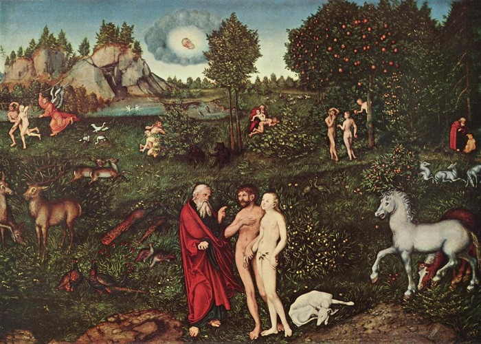 前1000幅世界名画-《伊甸园中的亚当和夏娃》 Lucas Cranach The Elder - 油画 - 81 x 114 cm