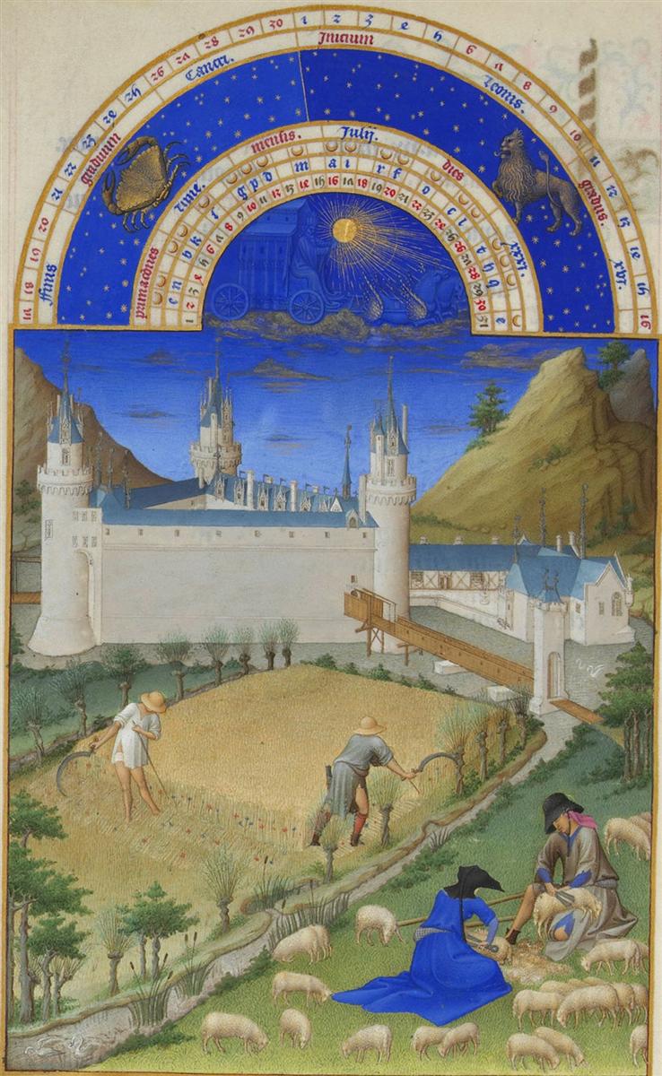 林堡兄弟（Gebroeders van Limburg，1385 – 1416 年，荷兰画家）作品-日历：7 月（收获和剪羊毛）