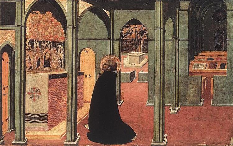 伊尔·萨塞塔 (Stefano di Giovanni，1392-1450，意大利画家)作品-受圣灵鸽子启发的圣多马