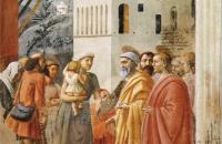马萨乔（Masaccio，意大利，1401-1428）作品-施舍的分配和亚拿尼亚的死