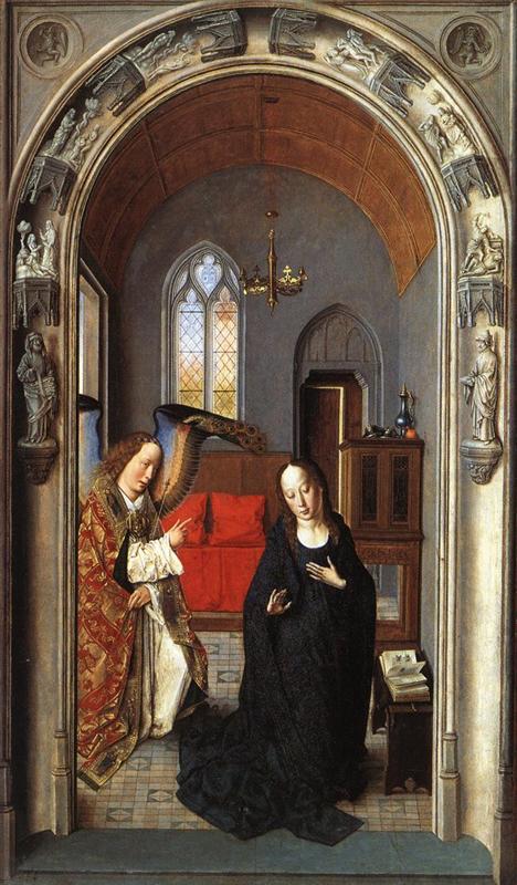 德克·布茨（Dirk Bouts，1415-1475，荷兰画家）作品-《天使报喜 ((Polyptych of the Virgin, thewing)》