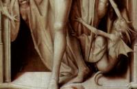 汉斯·梅姆林（Hans Memling，1430 – 1494 年，德国画家）作品-最后的审判三联画，右翼，祈祷捐赠者凯瑟琳·塔纳利和大天使迈克尔