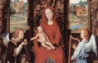 汉斯·梅姆林（Hans Memling，1430 – 1494 年，德国画家）作品-麦当娜和孩子与两个天使一起登基