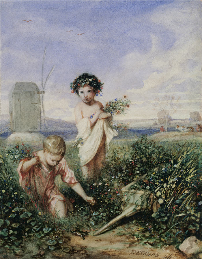 亚历山大·加布里埃尔·尚（Alexandre-Gabriel Decamps,法国画家）作品-采花的孩子（1844）