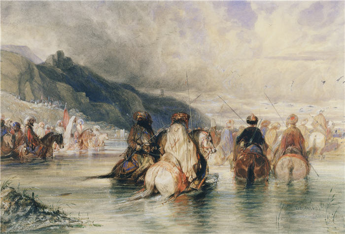亚历山大·加布里埃尔·尚（Alexandre-Gabriel Decamps,法国画家）作品-过河（约 1841 年）