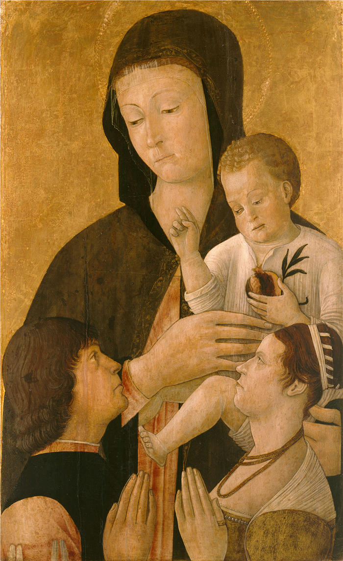 真蒂莱·贝利尼（Gentile Bellini，1429-1507，意大利）作品-麦当娜带着孩子和两个捐赠者