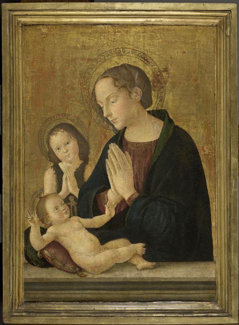 安东尼亚佐·罗马诺（Antonazzo Romano，1430-1510，意大利画家）作品-在孩子和圣约翰面前祈祷的圣母