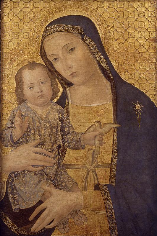 安东尼亚佐·罗马诺（Antonazzo Romano，1430-1510，意大利画家）作品-圣母子与小鸟