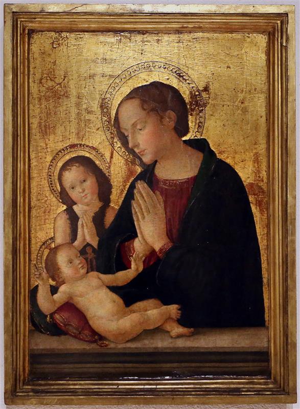 安东尼亚佐·罗马诺（Antonazzo Romano，1430-1510，意大利画家）作品-麦当娜与孩子和施洗者圣约翰