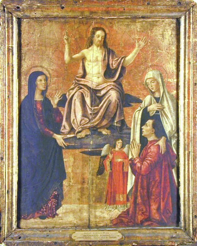 安东尼亚佐·罗马诺（Antonazzo Romano，1430-1510，意大利画家）作品-基督登基，圣母，圣弗朗西斯卡罗马纳，天使和捐赠者