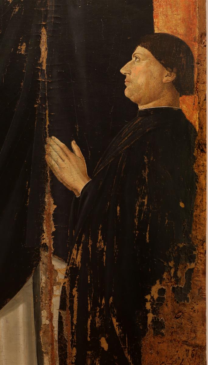 安东尼亚佐·罗马诺（Antonazzo Romano，1430-1510，意大利画家）作品-圣文森特费雷尔，基督法官和捐赠者（详细）