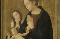 安东尼亚佐·罗马诺（Antonazzo Romano，1430-1510，意大利画家）作品-在孩子和圣约翰面前祈祷的圣母