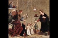 安东尼亚佐·罗马诺（Antonazzo Romano，1430-1510，意大利画家）作品-与红衣主教托克马达报喜