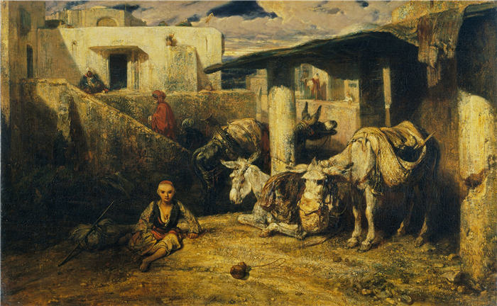 亚历山大·加布里埃尔·尚（Alexandre-Gabriel Decamps,法国画家）作品-驴休息；土耳其场景（1833）