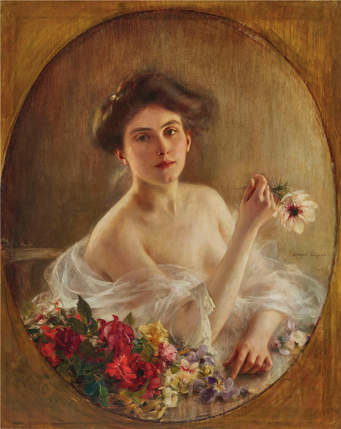 阿尔伯特·林奇(Albert Lynch,秘鲁)作品-一个带着鲜花的年轻女子的画像