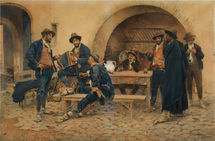 古斯塔沃·西蒙尼（Gustavo Simoni，意大利画家）作品-在酒馆 (1901)