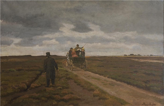 汉斯·史密斯（Hans Smidth，丹麦画家）作品-带日间旅行车的荒地景观（1912 - 1913 年）