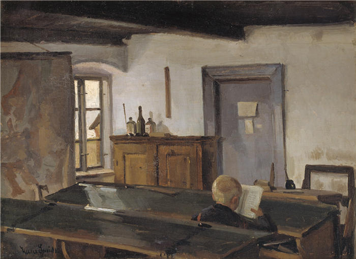 汉斯·史密斯（Hans Smidth，丹麦画家）作品-一个男孩读书的教室（1853 - 1917）