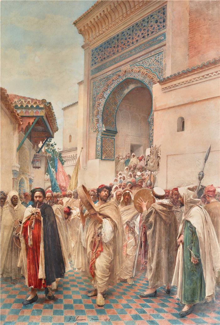 古斯塔沃·西蒙尼（Gustavo Simoni，意大利画家）作品-Sidi Boumediene 清真寺外的庆祝活动，特莱姆森（1898 年）