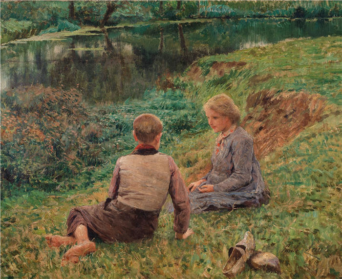 埃米尔·克劳斯(Emile Claus,比利时画家,1849 - 1924 年)作品-风景中的孩子