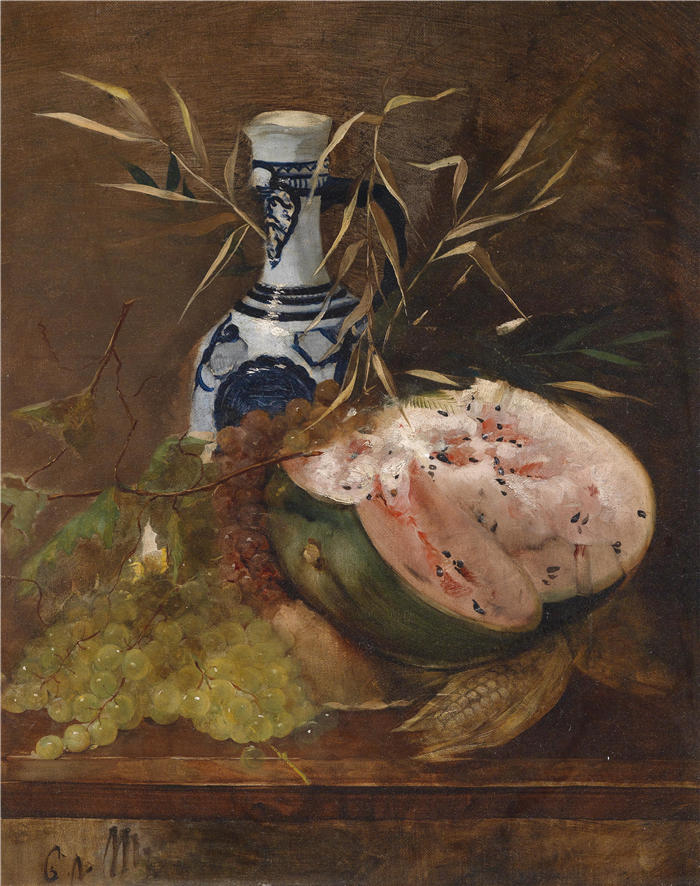 卡尔·冯·梅罗德（Carl Von Merode，奥地利画家）作品-水果静物与瓜