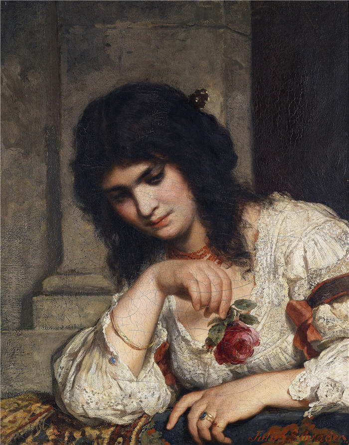 朱利叶斯·施拉德（Julius Schrader，德国，1815-1900）作品-带玫瑰的栏杆上的女士（C.1900）