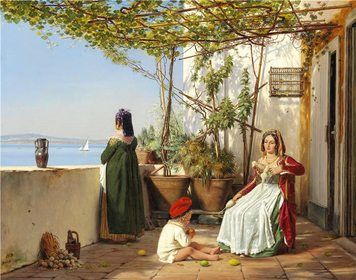 马蒂努斯·罗比（Martinus Rørbye，丹麦画家，1803-1848 年）作品-Procida 的凉廊与人物（1841 年）