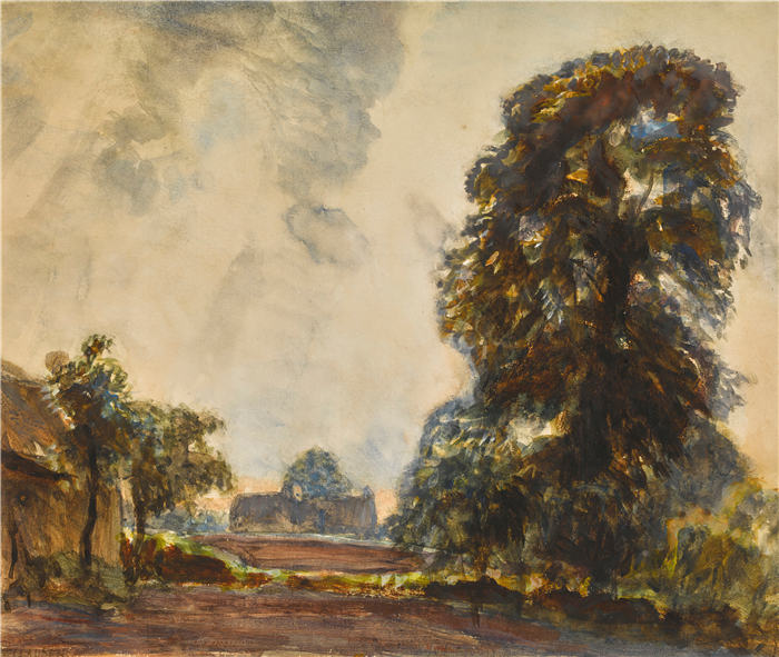 乔治·克劳森（George Clausen，英国画家）作品-景观与树木（雷暴，Clwyd 谷）