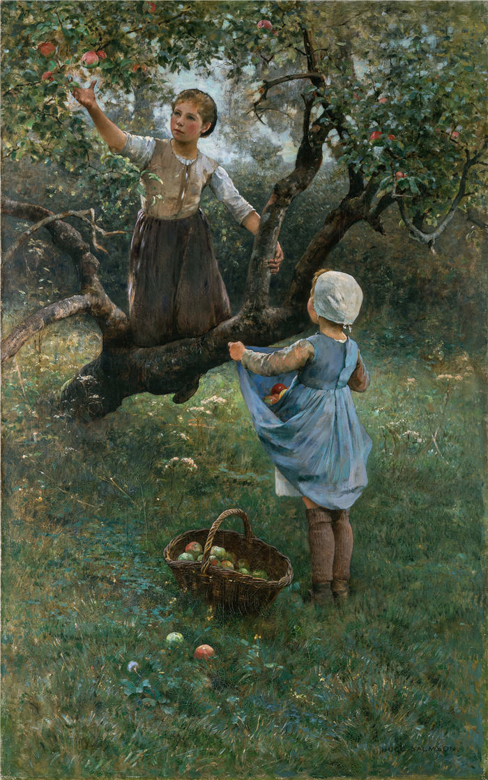 雨果·费德里克·萨尔姆森（ Hugo Federick Salmson，瑞典画家）作品-采摘水果的女孩