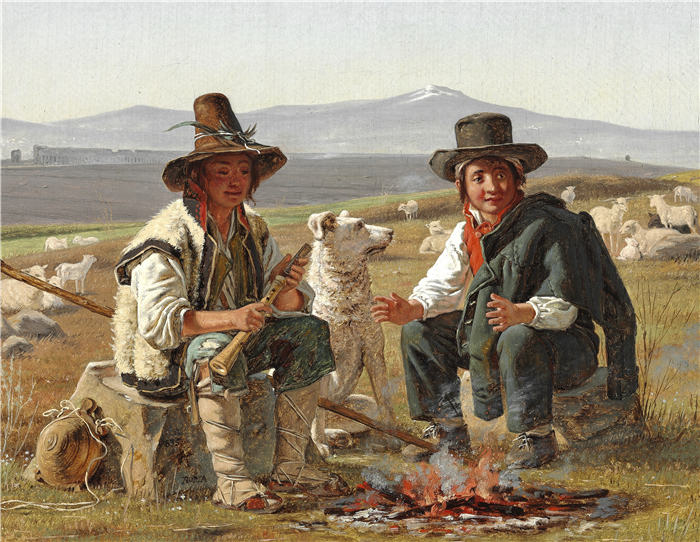 马蒂努斯·罗比（Martinus Rørbye，丹麦画家，1803-1848 年）作品-坐在火边的两个意大利牧羊男孩（1835 年）