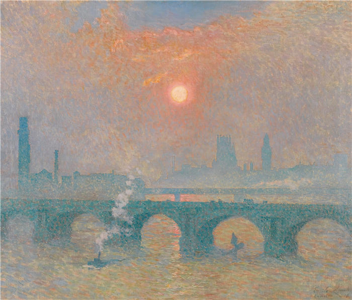 埃米尔·克劳斯（Emile Claus，比利时画家，1849 - 1924 年）作品-滑铁卢桥，伦敦（1918 年）