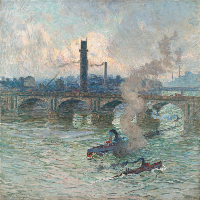 埃米尔·克劳斯（Emile Claus，比利时画家，1849 - 1924 年）作品-泰晤士河上的薄雾、蒸汽和烟雾 (1916)