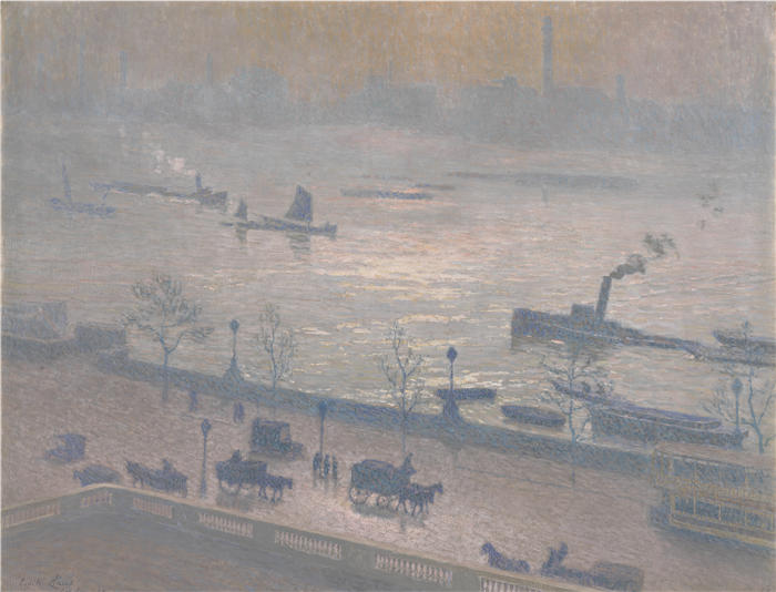 埃米尔·克劳斯（Emile Claus，比利时画家，1849 - 1924 年）作品-伦敦泰晤士河晨思（1918）
