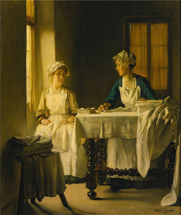 约瑟夫·贝尔（Joseph Bail ，法国，1862–1921）作品-两个妇女折叠床单